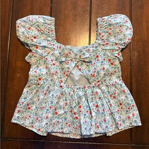 Janie and Jack Light Blue Floral Puff-Sleeve Top with Red & Green Accents